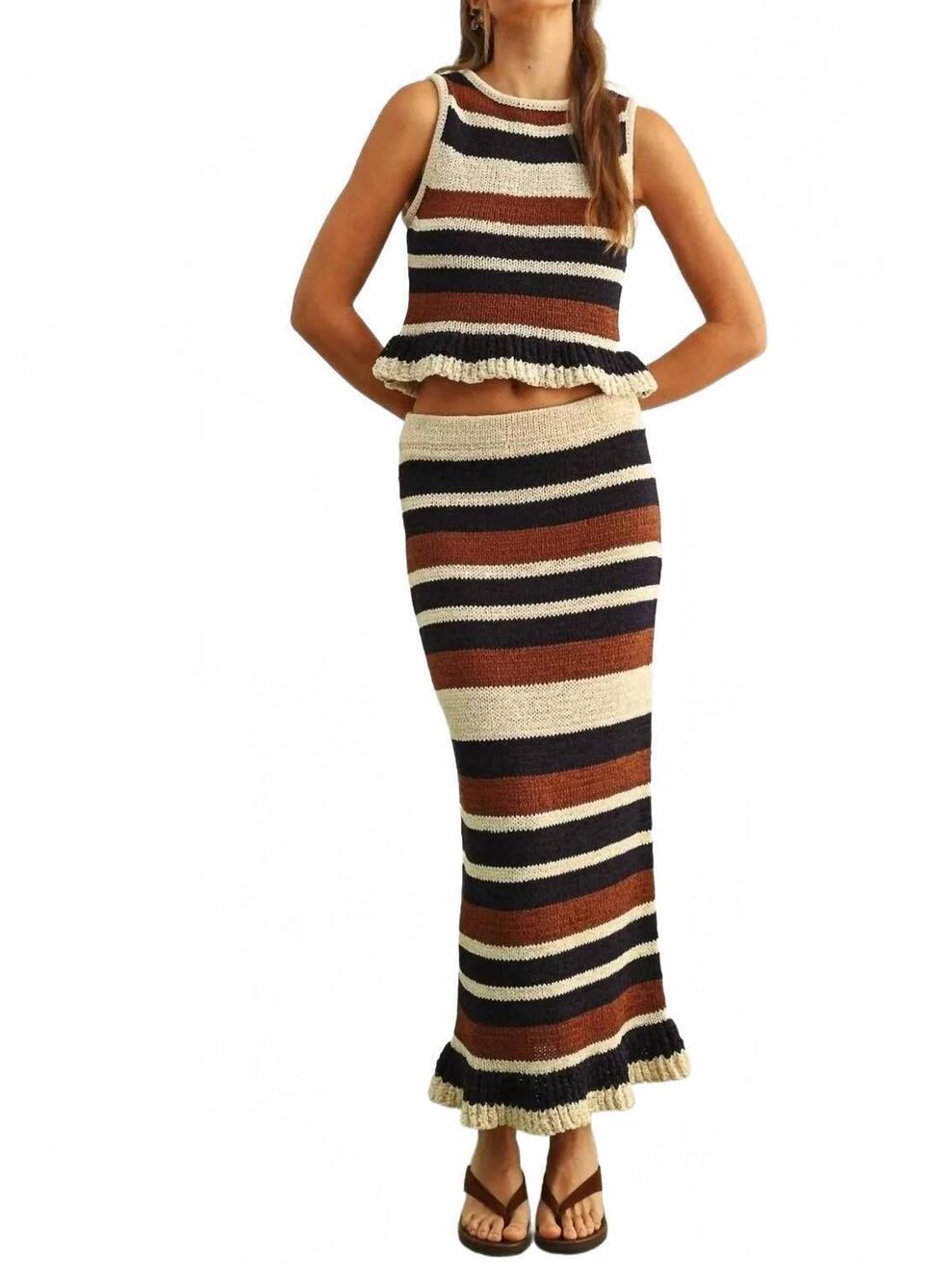 NEW NYLAND women's jacinta color blocked ruffle hem knit skirt in brown combo